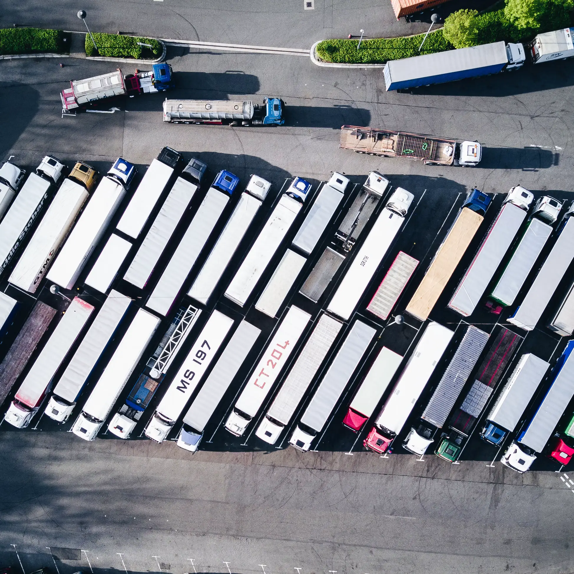 Aerial view of a freight truck lot